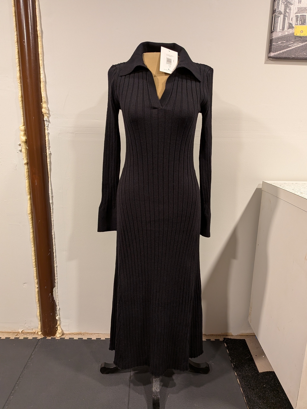 Lucky Brand Black Ribbed Long Sleeve Polo Knit Dress